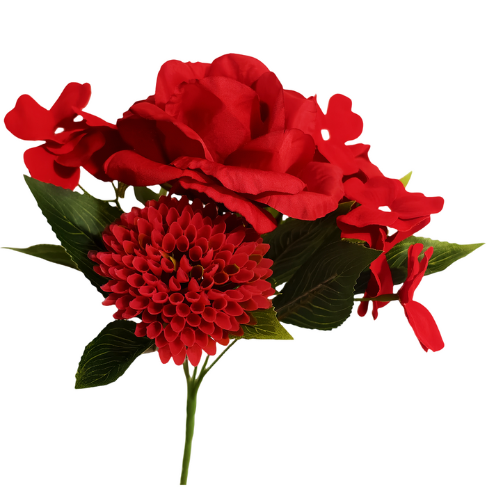 Bulk 11" Artificial Red Mixed-Flower Bush Bouquet with Roses Chrysanthemums and Impatiens Wholesale