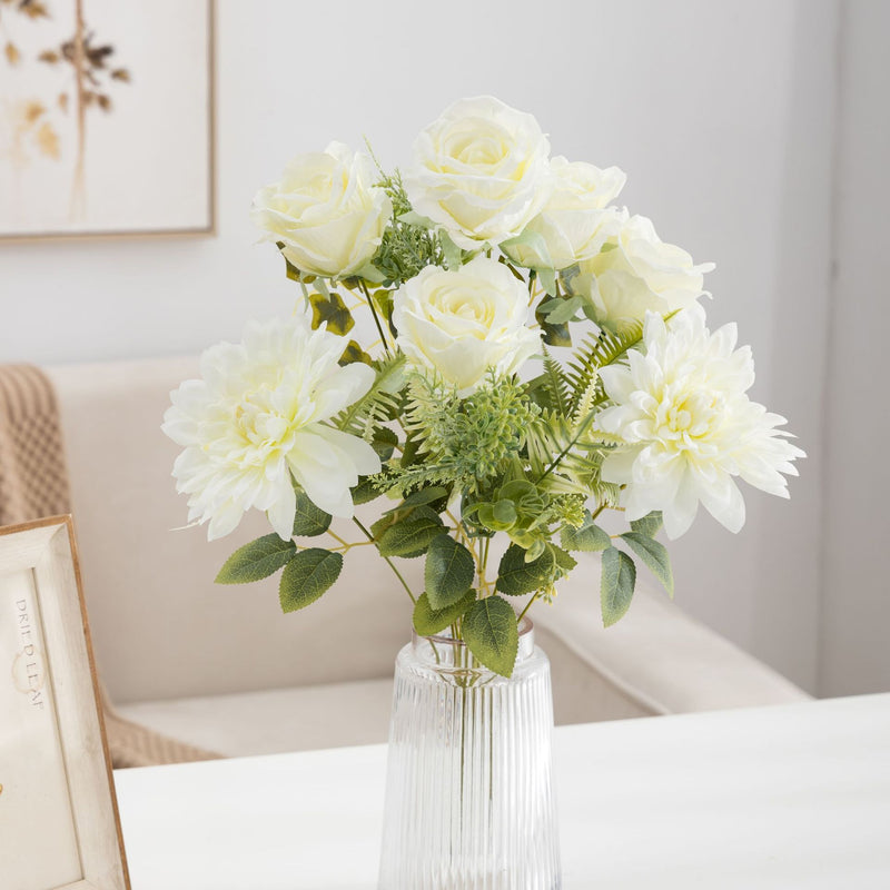 Bulk 20" Large Bush Artificial Rose Bouquets Mixed with Realistic Dahlia Silk Flowers