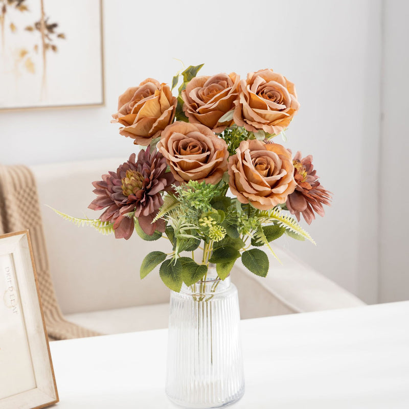 Bulk 20" Large Bush Artificial Rose Bouquets Mixed with Realistic Dahlia Silk Flowers