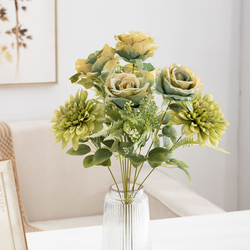 Bulk 20" Large Bush Artificial Rose Bouquets Mixed with Realistic Dahlia Silk Flowers