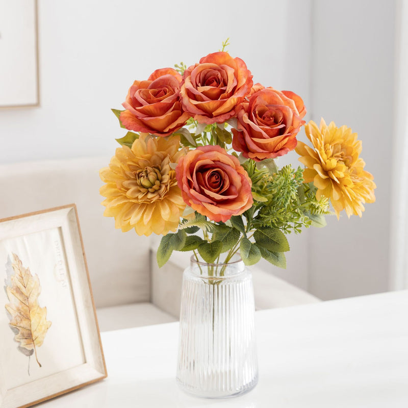 Bulk 20" Large Bush Artificial Rose Bouquets Mixed with Realistic Dahlia Silk Flowers