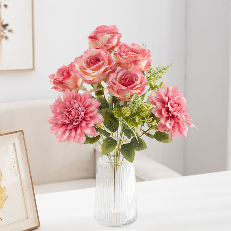 Bulk 20" Large Bush Artificial Rose Bouquets Mixed with Realistic Dahlia Silk Flowers