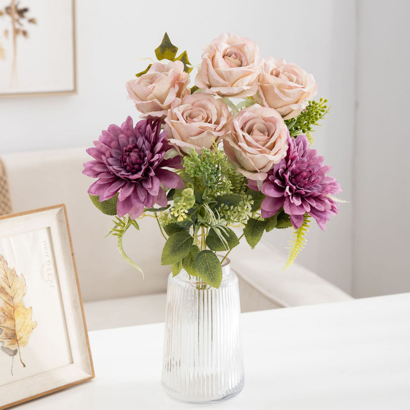 Bulk 20" Large Bush Artificial Rose Bouquets Mixed with Realistic Dahlia Silk Flowers