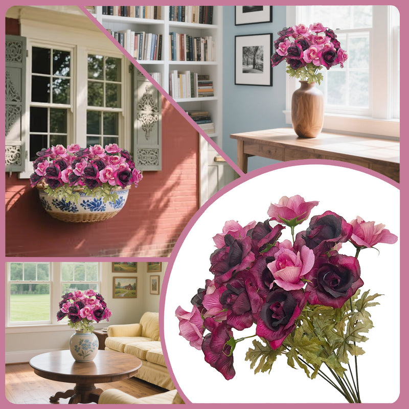 Bulk 14.9" Artificial Rose Bush Bouquet- Fall Decor, Faux Flower Arrangement for Autumn Home Decoration Wholesale