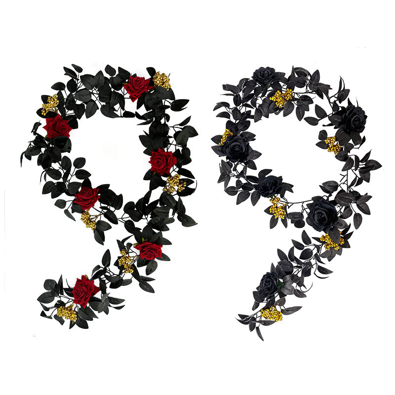 Bulk 5.7ft Black Halloween Garland with Rose And Berries Wholesale