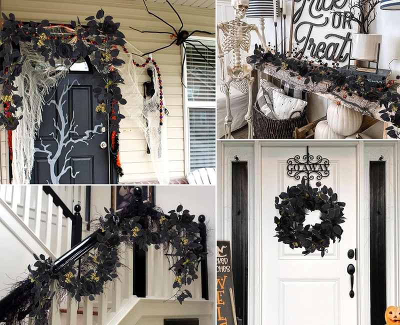 Bulk 5.7ft Black Halloween Garland with Rose And Berries Wholesale