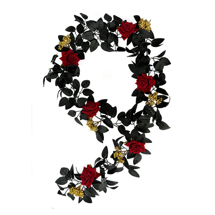 Bulk 5.7ft Black Halloween Garland with Rose And Berries Wholesale