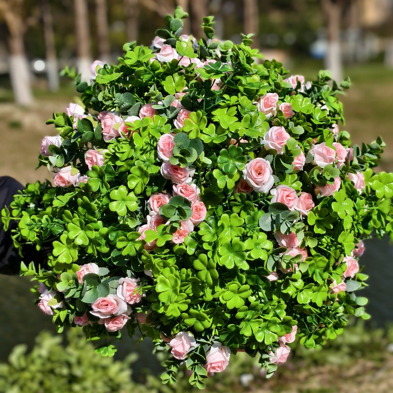 Bulk 24 Bundles Artificial Shamrock Bush Clover Plant with Pink Rose Flowers for Outdoors Wholesale