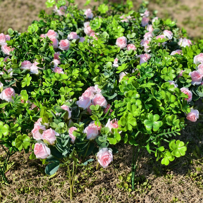 Bulk 24 Bundles Artificial Shamrock Bush Clover Plant with Pink Rose Flowers for Outdoors Wholesale