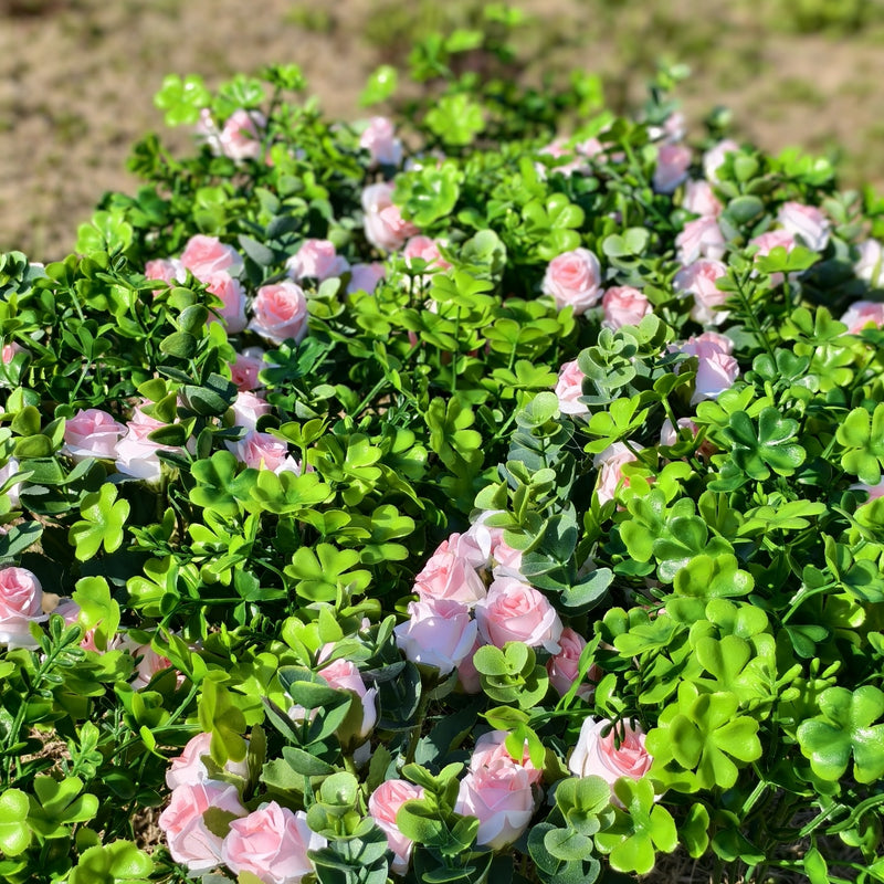 Bulk 24 Bundles Artificial Shamrock Bush Clover Plant with Pink Rose Flowers for Outdoors Wholesale