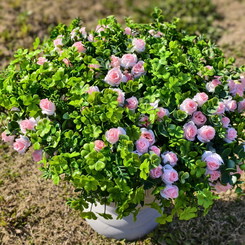 Bulk 24 Bundles Artificial Shamrock Bush Clover Plant with Pink Rose Flowers for Outdoors Wholesale