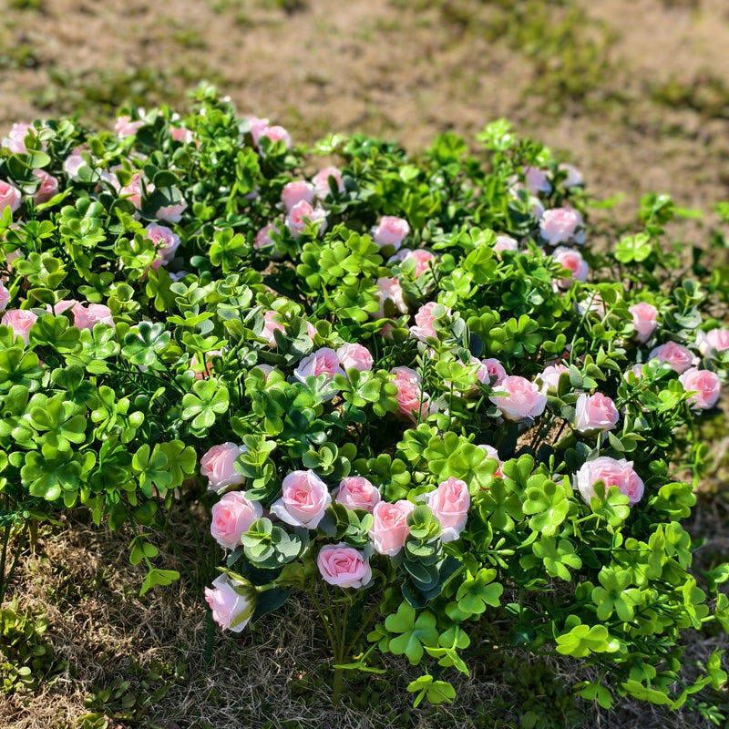 Bulk 24 Bundles Artificial Shamrock Bush Clover Plant with Pink Rose Flowers for Outdoors Wholesale