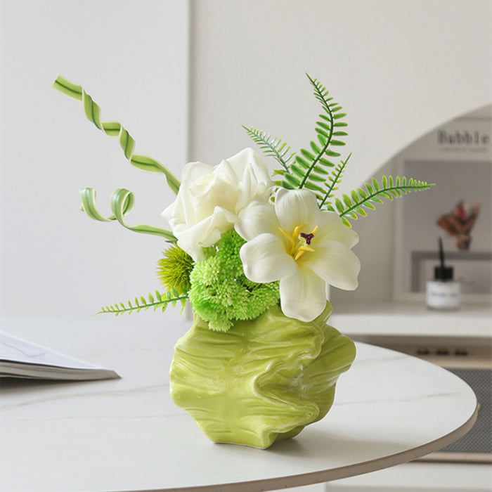 Bulk 12.6" Artificial Spring White & Green Flower Bouquet with Ceramic Vase for Restaurant & Bar Wholesale