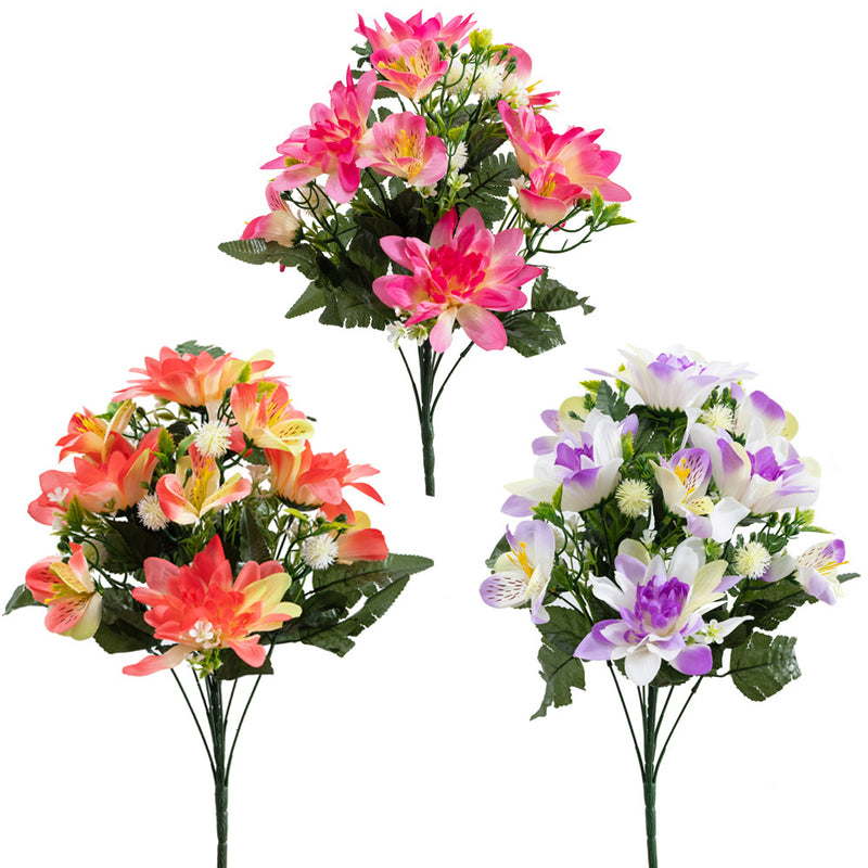 Bulk 18" Artificial Cemetery Dahlia Flower Bush for Graves Memorial Day Decor