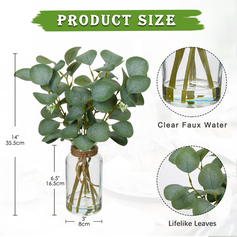 Bulk 14" Eucalyptus Stems in Glass Vase with Faux Water Greenery Arrangement Wholesale