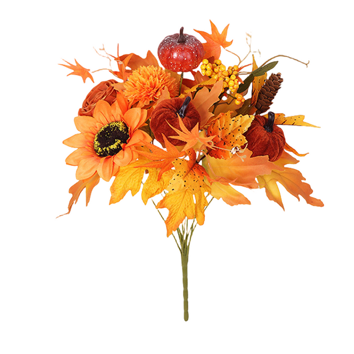 Bulk 17 inches Tall Artificial Fall Flowers Bush Rose Peony Sunflower Mum and Pumpkin Fall Decor Wholesale