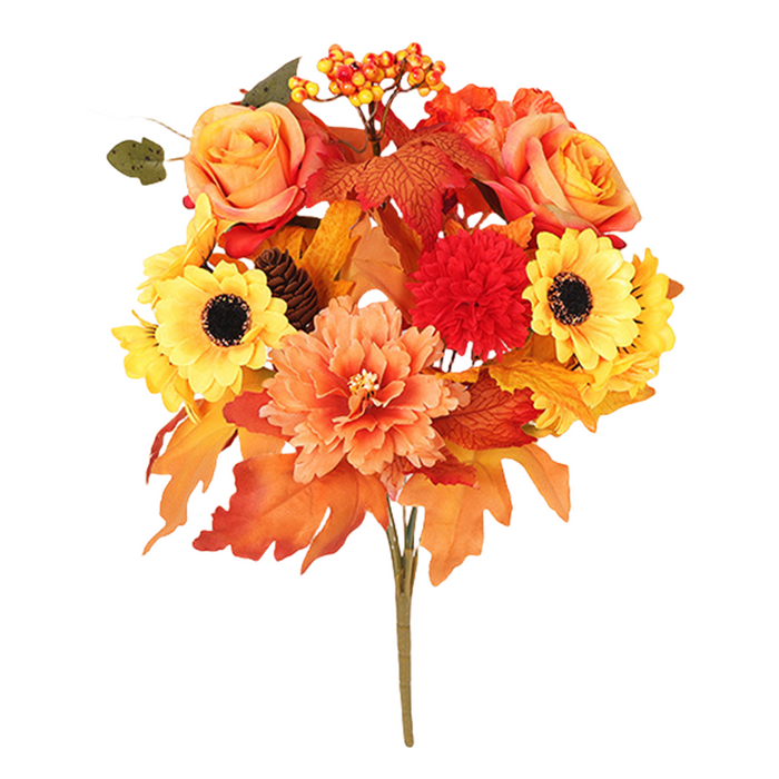 Bulk 17 inches Tall Artificial Fall Flowers Bush Rose Peony Sunflower Mum and Pumpkin Fall Decor Wholesale