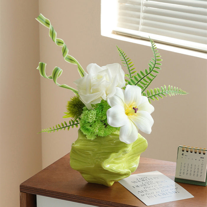 Bulk 12.6" Artificial Spring White & Green Flower Bouquet with Ceramic Vase for Restaurant & Bar Wholesale
