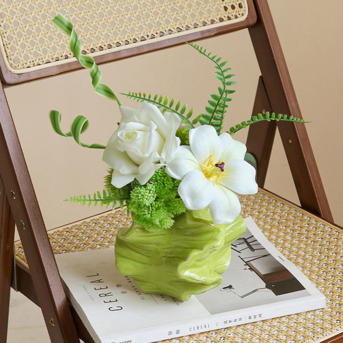 Bulk 12.6" Artificial Spring White & Green Flower Bouquet with Ceramic Vase for Restaurant & Bar Wholesale