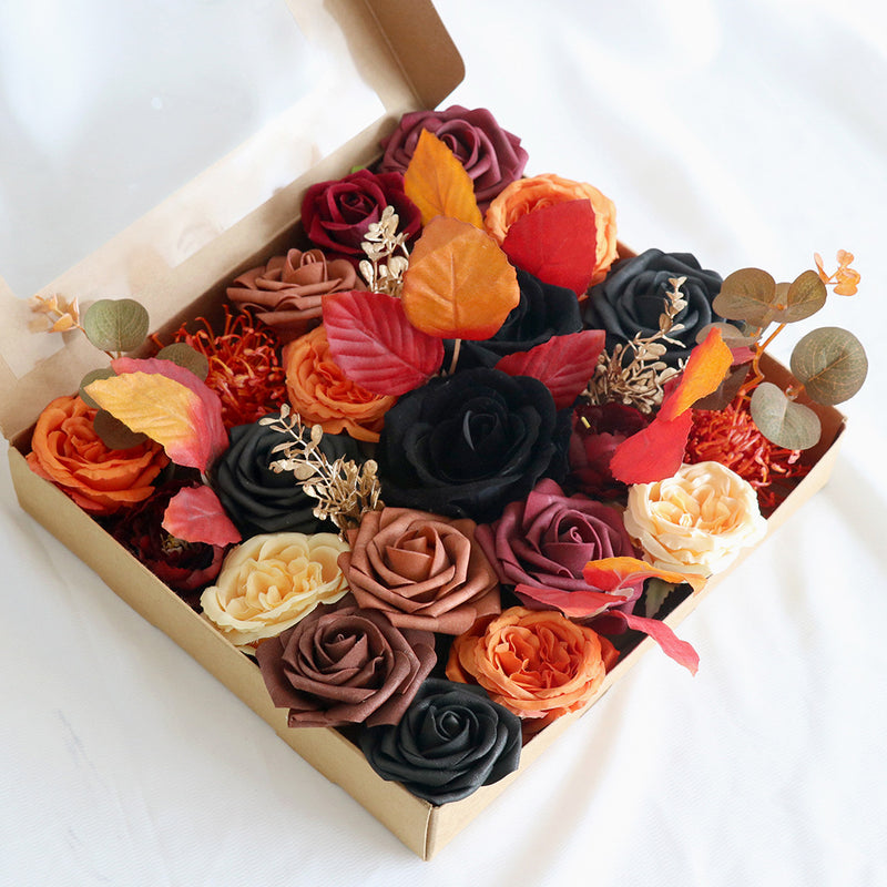 Bulk Artificial Fall Halloween Flower Heads Box Set Burnt Orange Black Terracotta Flower for Thanks Giving DIY Wedding Bridal Bouquet Centerpieces Decor Floral Arrangement Decor Wholesale