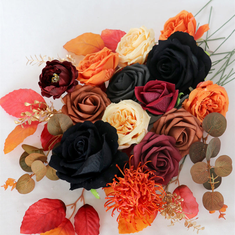 Bulk Artificial Fall Halloween Flower Heads Box Set Burnt Orange Black Terracotta Flower for Thanks Giving DIY Wedding Bridal Bouquet Centerpieces Decor Floral Arrangement Decor Wholesale