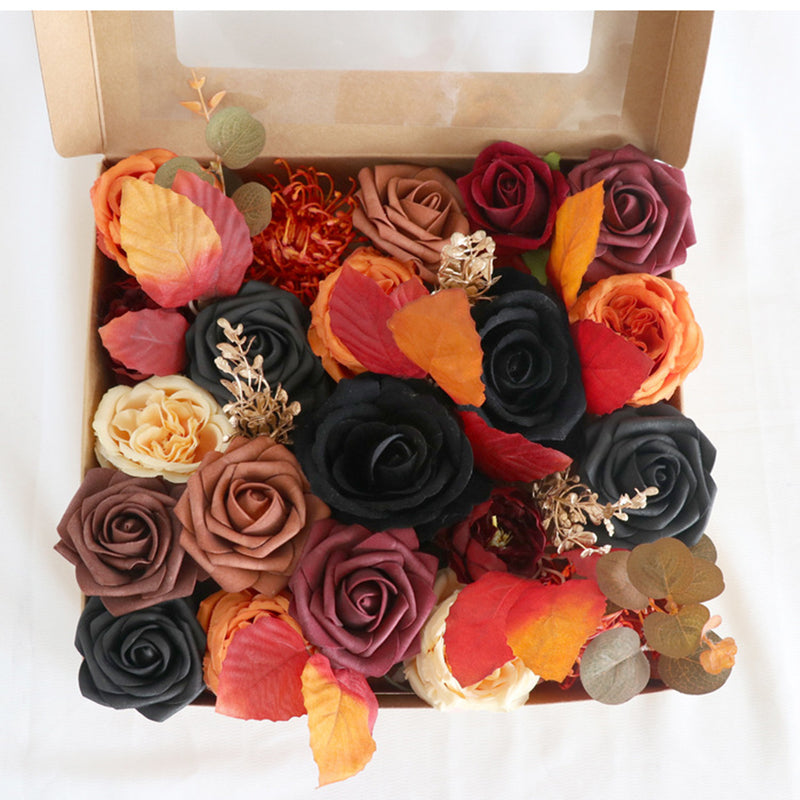 Bulk Artificial Fall Halloween Flower Heads Box Set Burnt Orange Black Terracotta Flower for Thanks Giving DIY Wedding Bridal Bouquet Centerpieces Decor Floral Arrangement Decor Wholesale