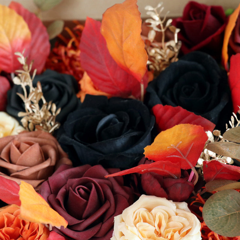 Bulk Artificial Fall Halloween Flower Heads Box Set Burnt Orange Black Terracotta Flower for Thanks Giving DIY Wedding Bridal Bouquet Centerpieces Decor Floral Arrangement Decor Wholesale