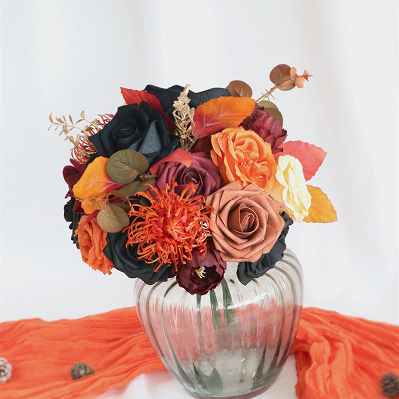 Bulk Artificial Fall Halloween Flower Heads Box Set Burnt Orange Black Terracotta Flower for Thanks Giving DIY Wedding Bridal Bouquet Centerpieces Decor Floral Arrangement Decor Wholesale