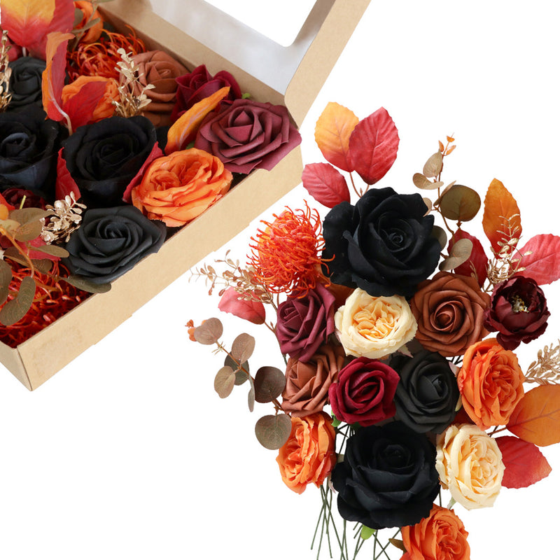 Bulk Artificial Fall Halloween Flower Heads Box Set Burnt Orange Black Terracotta Flower for Thanks Giving DIY Wedding Bridal Bouquet Centerpieces Decor Floral Arrangement Decor Wholesale