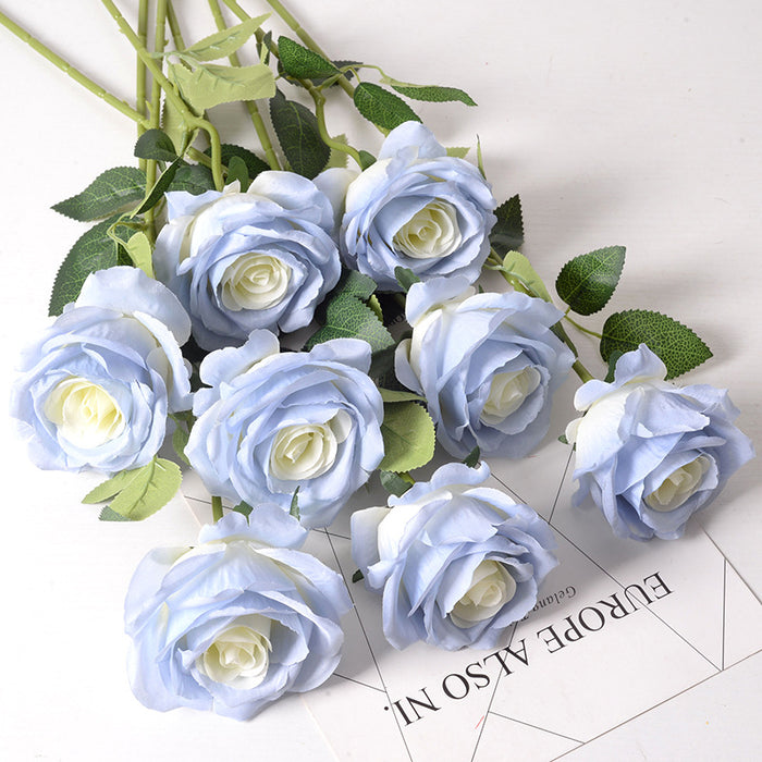 Venta al por mayor de flores artificiales de seda con tallo de rosa en aerosol azul de 18 "a granel 