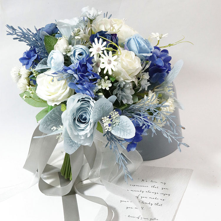 Bouquet de mariée en vrac de 11 pouces, bouquet de pivoines et de roses blanches et bleues ivoires, vente en gros 