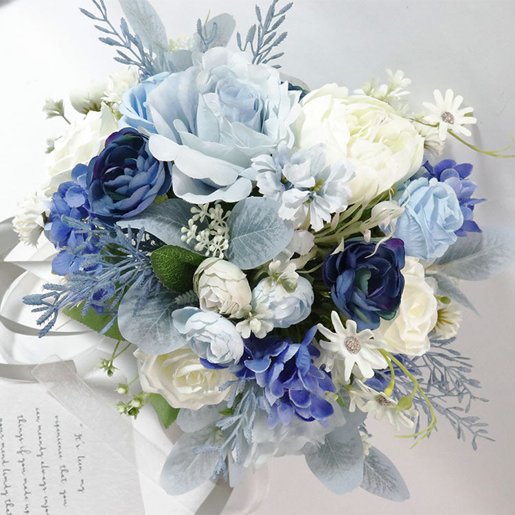 Bouquet de mariée en vrac de 11 pouces, bouquet de pivoines et de roses blanches et bleues ivoires, vente en gros 