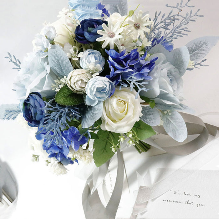 Bulk 11" Bridal Bouquet Ivory White And Blue Peony and Roses Bouquet Accents Wholesale