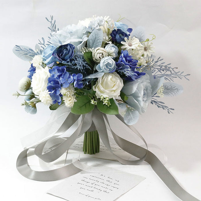 Bulk 11" Bridal Bouquet Ivory White And Blue Peony and Roses Bouquet Accents Wholesale