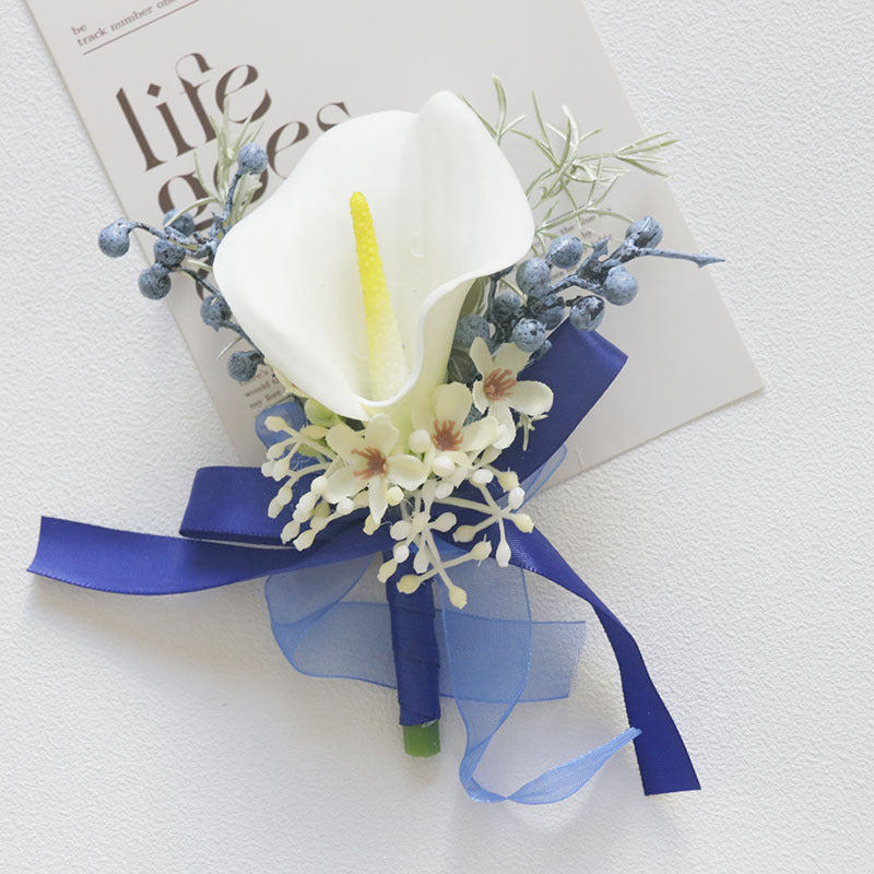 Bulk White and Blue Wrist Corsage Wristlet Band Bracelet and Men Boutonniere for Wedding Wholesale