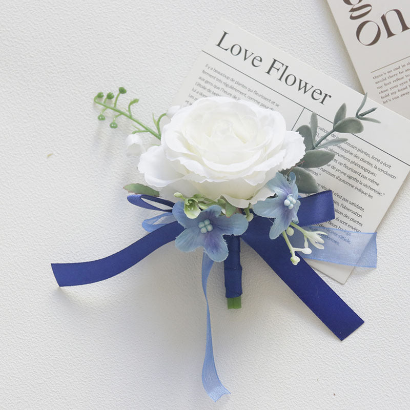 Bulk White and Blue Wrist Corsage Wristlet Band Bracelet and Men Boutonniere for Wedding Wholesale