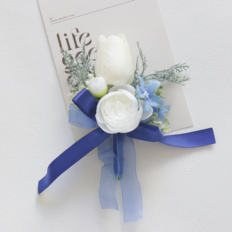 Bulk White and Blue Wrist Corsage Wristlet Band Bracelet and Men Boutonniere for Wedding Wholesale