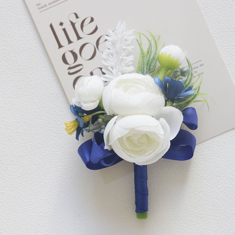 Bulk White and Blue Wrist Corsage Wristlet Band Bracelet and Men Boutonniere for Wedding Wholesale