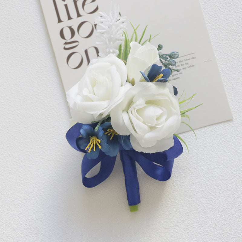 Bulk White and Blue Wrist Corsage Wristlet Band Bracelet and Men Boutonniere for Wedding Wholesale