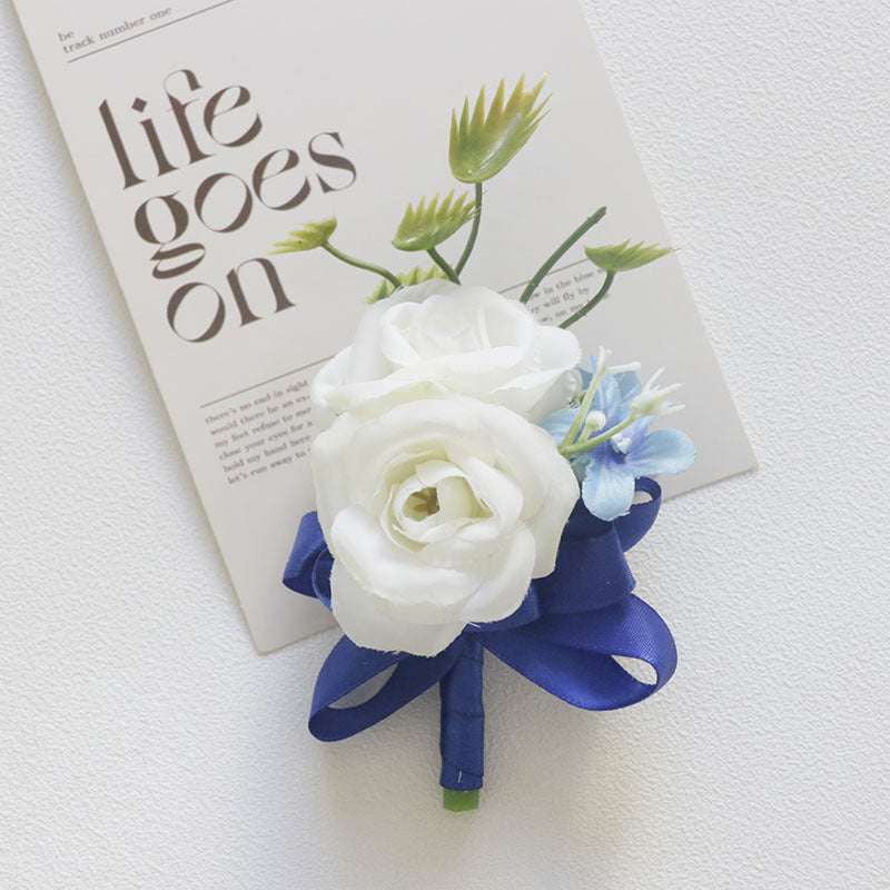 Bulk White and Blue Wrist Corsage Wristlet Band Bracelet and Men Boutonniere for Wedding Wholesale