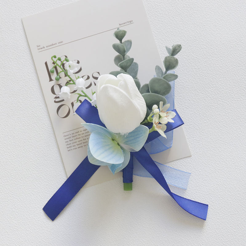Bulk White and Blue Wrist Corsage Wristlet Band Bracelet and Men Boutonniere for Wedding Wholesale