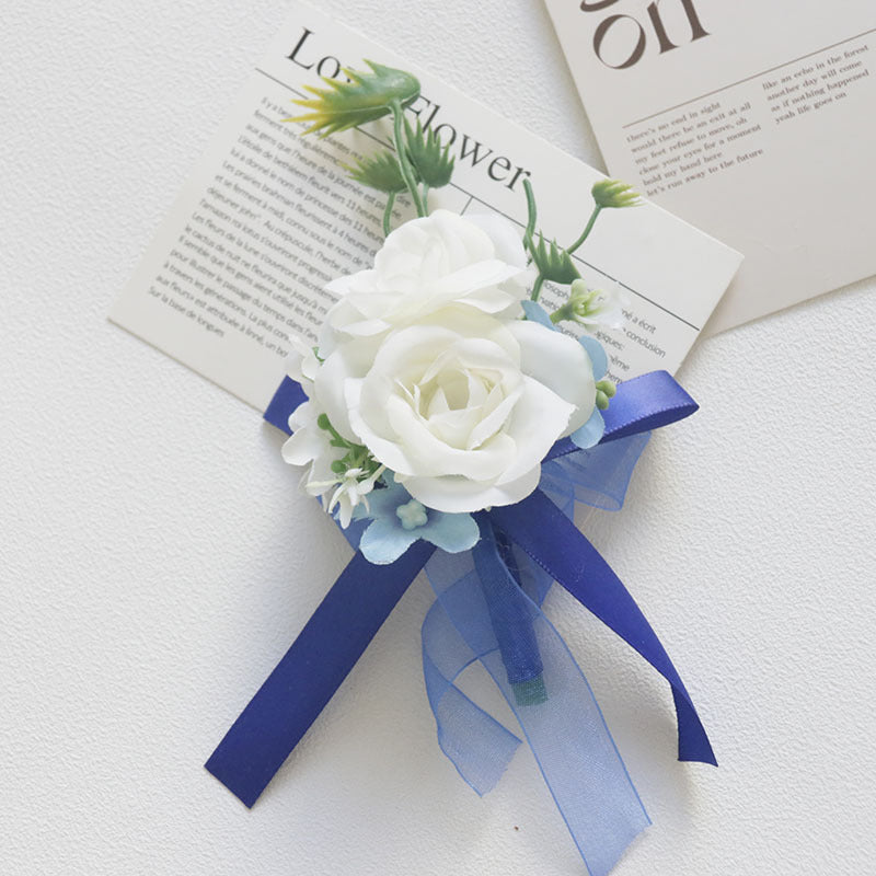 Bulk White and Blue Wrist Corsage Wristlet Band Bracelet and Men Boutonniere for Wedding Wholesale