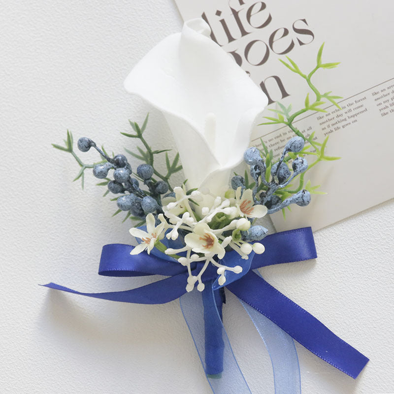 Bulk White and Blue Wrist Corsage Wristlet Band Bracelet and Men Boutonniere for Wedding Wholesale