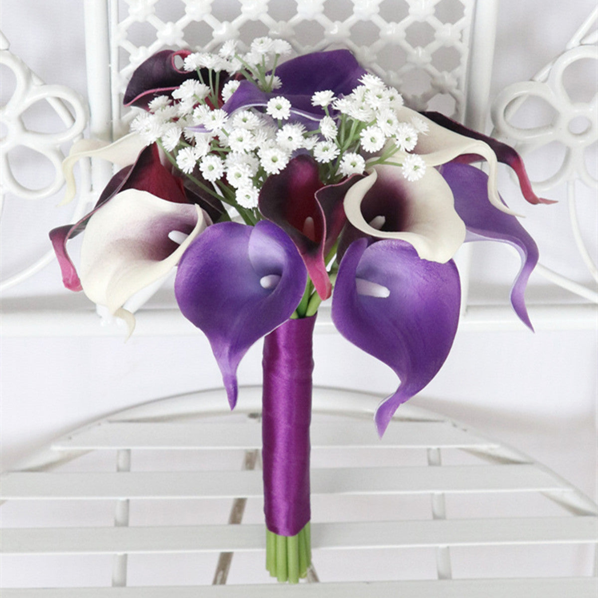 purple calla lilies and white roses bouquet Bulk 7" Bridesmaid Bouquet Purple Calla Lily Wedding Bouquets Wholesal — Artificialmerch