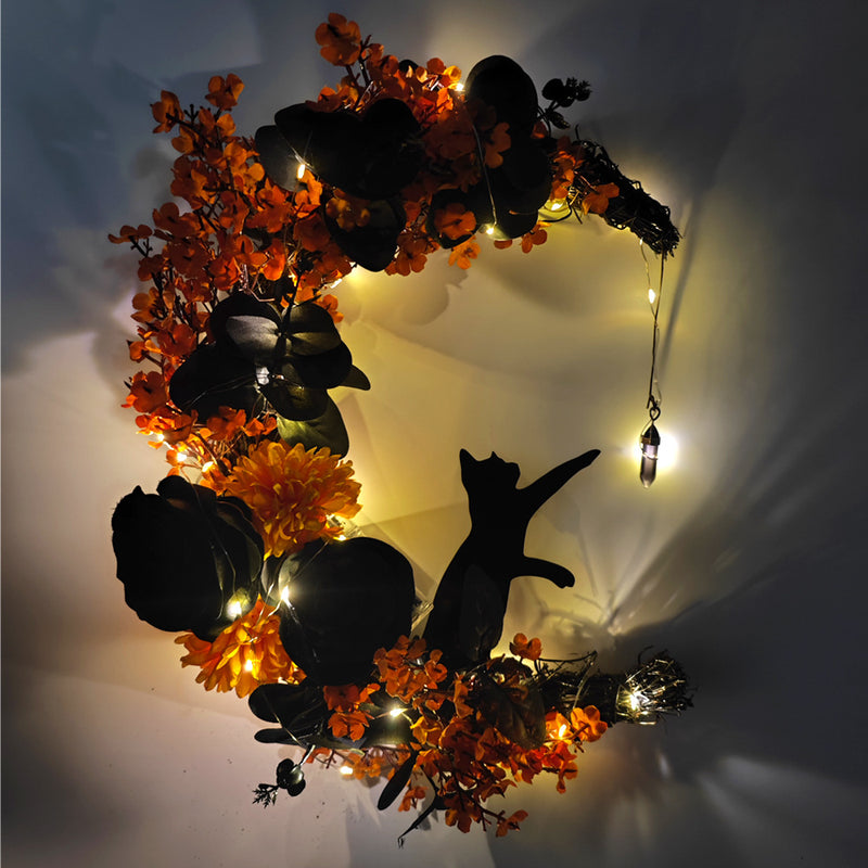 Bulk 14" Moon Cat Halloween Wreath Glowing Wreath for Front Door Artificial Flower Rattan Wreath Halloween Decor Wholesale
