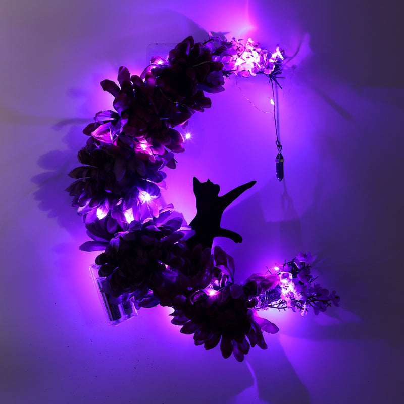Bulk 14" Moon Cat Halloween Wreath Glowing Wreath for Front Door Artificial Flower Rattan Wreath Halloween Decor Wholesale