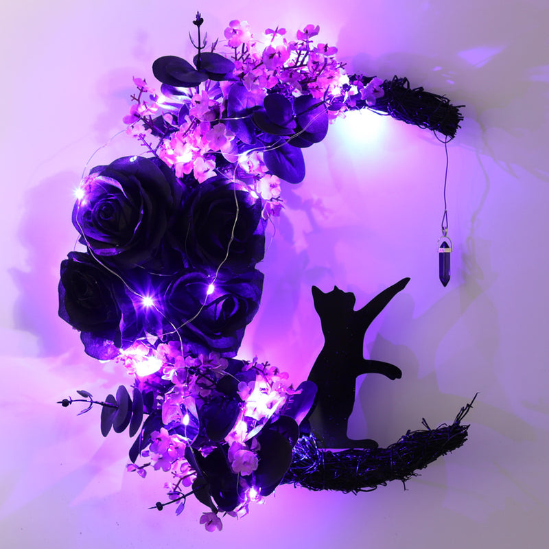 Bulk 14" Moon Cat Halloween Wreath Glowing Wreath for Front Door Artificial Flower Rattan Wreath Halloween Decor Wholesale