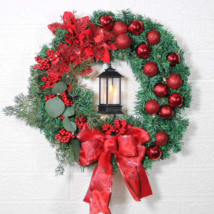 Bulk 16" Glitter Poinsettias Flowers Red Berry Christmas Wreath with LED Candle Ornament for Front Door Wall Hanging Home Decoration Wholesale