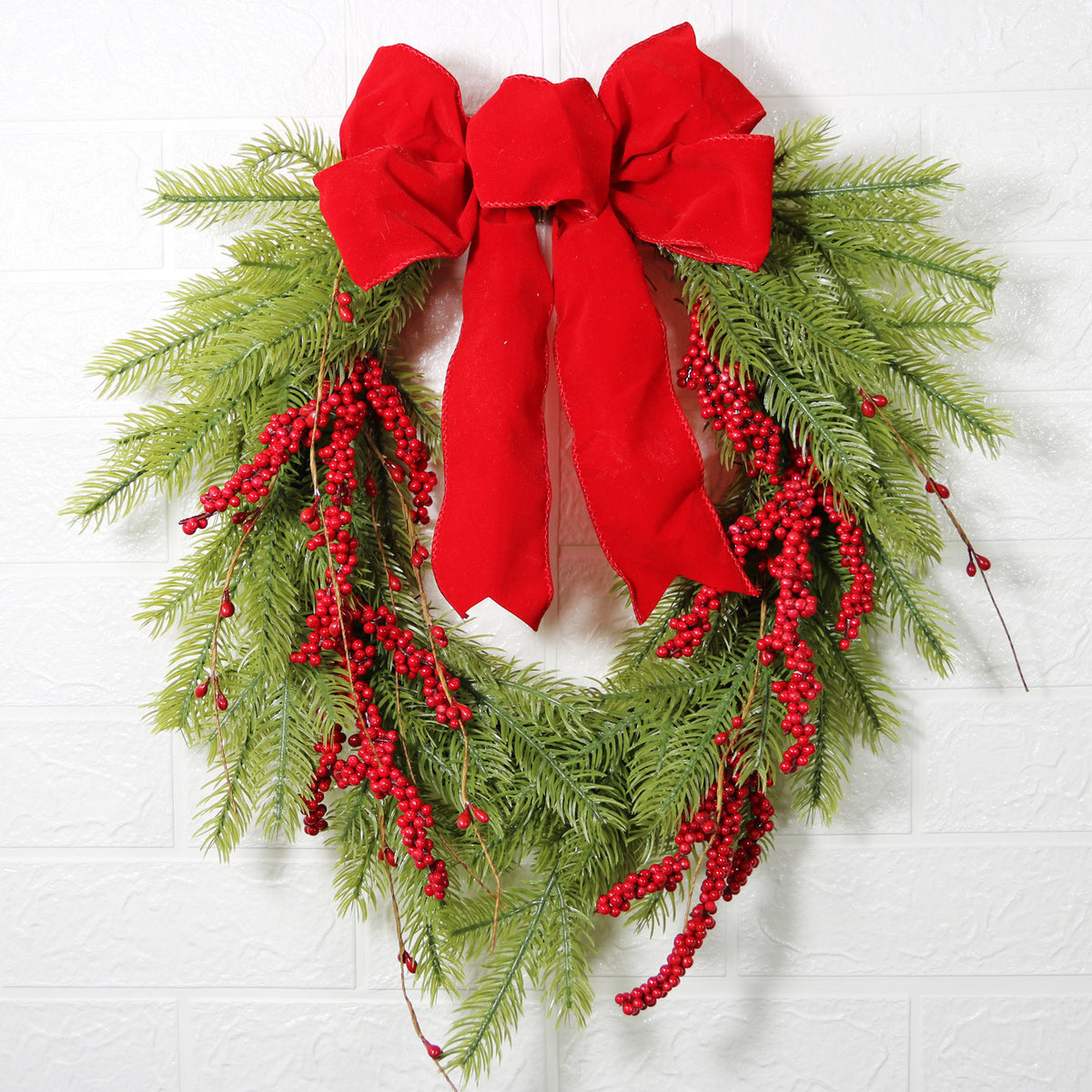 Bulk 17.7" Christmas Pine Needle Wreath with Red Berry Red Bow Wreath ...