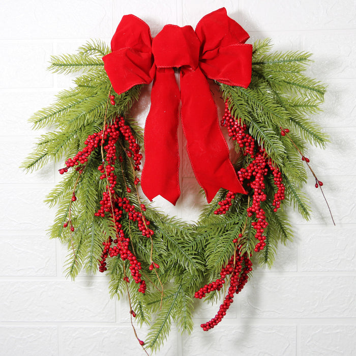 Bulk 17.7" Christmas Pine Needle Wreath with Red Berry Red Bow Wreath Artificial Ornament for Front Door Wall Hanging Home Decoration Wholesale